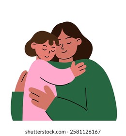 Mother and daughter hugging illustration for Mother's Day celebration. Flat minimalist illustration.Perfect for Mother's Day cards, social media posts, website banners, or family-related content.