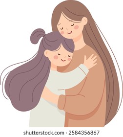 Mother and daughter hugging illustration for Mother's Day celebration. Flat minimalist illustration.Perfect for Mother's Day cards, social media posts, website banners, or family-related content.