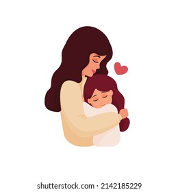 Mother and daughter hugging. Mom express warm feelings and protect by cuddling little child. Kind young woman comforting little girl. Parent shows love and care. Colorful cartoon characters. Vector 