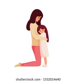 Mother and daughter hugging. Mom standing on knees and cuddling little child. Kind young woman calms her little girl. Parent shows love and care. Colorful cartoon characters. Vector illustration