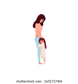 Mother and daughter hugging. Mom standing and cuddling little child. Kind young woman calms her little girl. Parent shows love and care. Colorful cartoon characters. Vector illustration