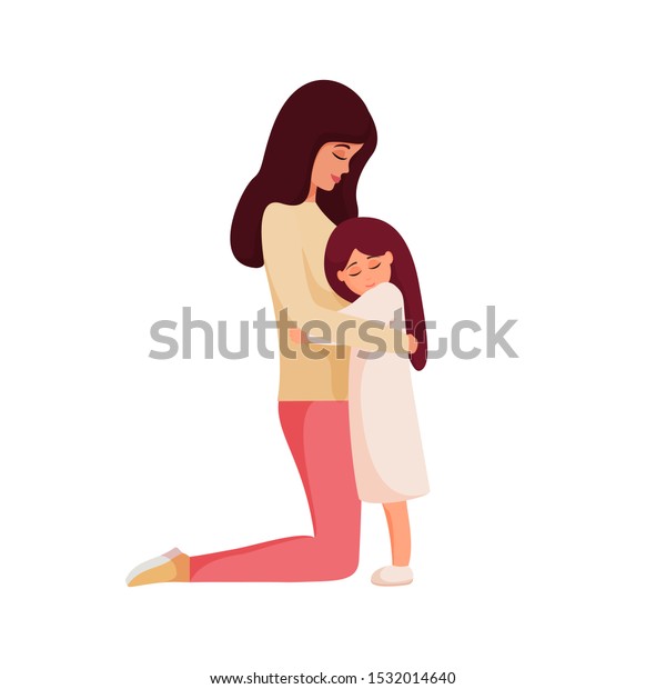 母と娘が抱きしめる お母さんはひざまずいて子どもを抱きしめ て 優しい若い女性は少女を落ち着かせる 親は愛と愛を示す カラフルな漫画のキャラクター ベクターイラスト のベクター画像素材 ロイヤリティフリー
