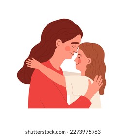 Mother and daughter hugging. Mother's day concept. Happy mother and little girl, child embracing together. Vector illustration