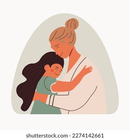 Mother and daughter hugging. Mother's day concept. Happy mother and little girl, child embracing together. Vector illustration