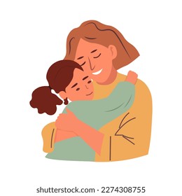 Mother and daughter hugging. Mother's day concept. Happy mother and little girl, child embracing together. Vector illustration