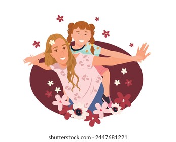 Mother and daughter hugging, the daughter is on her mother's back. Mother's day celebration.