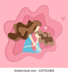 Mother and daughter hugging in pink background. Paper art style woman's day card. Happy family in mother's day.