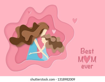 Mother and daughter hugging in pink heart. Paper art style woman's day card. Happy family in mother's day.