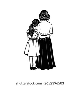 Mother and Daughter Hugging Silhouette, Mom and Girl Back View Illustration, Family Love Line Art, Black and White Clipart