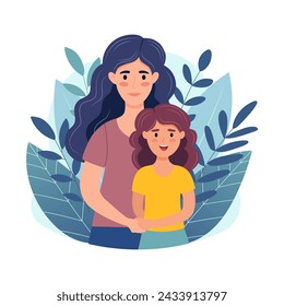 Mother and daughter hugging and smiling. Concept of happy maternity, Mothers Day, International Womens Day. Hand drawn vector illustration in cartoon style