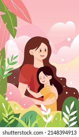Mother and daughter hugging together with plants and landscape in the background, vector illustration