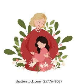 Mother and daughter hugging, vector cute illustration for greeting card, poster, print with floral background. Happy Mother's Day or Women's Day concept