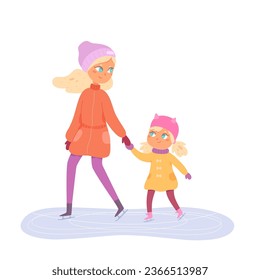 Mother and daughter ice skating together in winter vector illustration. Cartoon mom holding girl by hand to skate on rink, fun family activity of woman and cute child skaters in warm hats and coats