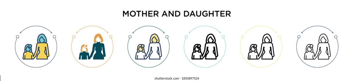 Mother and daughter icon in filled, thin line, outline and stroke style. Vector illustration of two colored and black mother and daughter vector icons designs can be used for mobile, ui, web