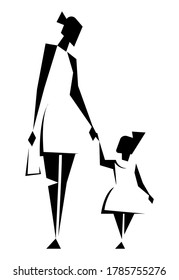 Mother and daughter in identical white dresses and hairstyles. Mom and daughter hold hands and walk. Isolated black silhouettes on white background. Vector illustration.