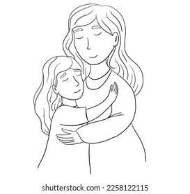 Mother and daughter illustration. Mother's day, hugs vector outline picture