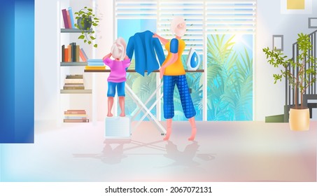mother with daughter ironing clothes in bathroom full length horizontal