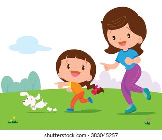 Mother and daughter jogging with cute dog in the park