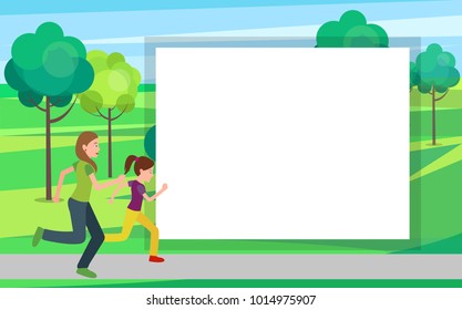 Mother and daughter jogging together vector. Mom and girl in sport apparel running, active healthy lifestyle spring landscape in park, frame for text