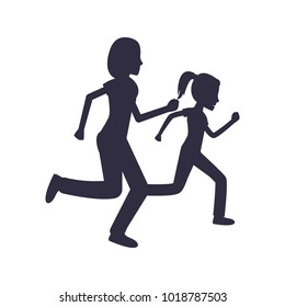 Mother and daughter jogging together vector illustration black silhouettes. Mom and girl in sport apparel running, active healthy lifestyle concept