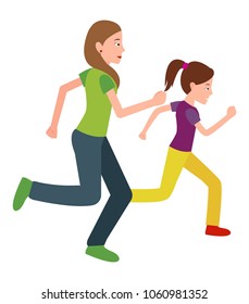 Mother and daughter jogging together vector illustration. Mom and girl in sport apparel running, active healthy lifestyle concept isolated on white