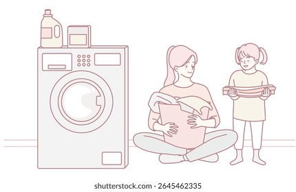 A mother and daughter joyfully engaged in a fun activity of doing the laundry together in their home setting