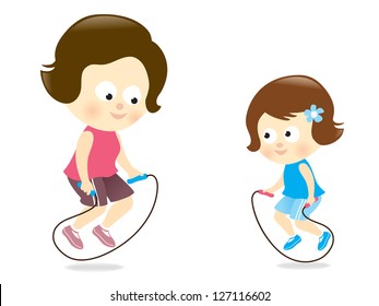 Mother and daughter jumping rope