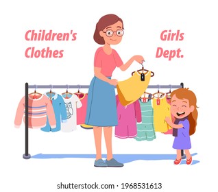 Mother and daughter kid choosing clothes on shop hanger rack at seasonal sale. Family shopping in clothing store. Mom child girl buying clothes with thirty percent discount. Flat vector illustration