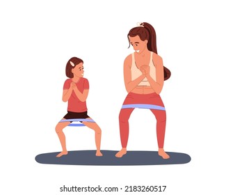 Mother and daughter kid doing squats with an elastic band. Healthy lifestyle, fitness active family concept. Workout together. Flat vector illustration isolated on white background