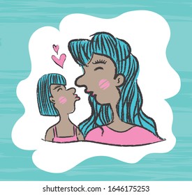 Mother and daughter kissing Cartoon vector illustration, Mothers Day, March 8. Hand draw doodle cartoon people, Paintbrush stroke