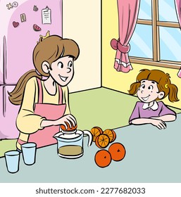 mother and daughter in the kitchen cartoon vector