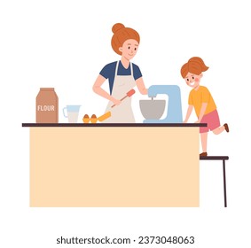 Mother and daughter at kitchen preparing food. Bake cake, beat the ingredients in a mixer. Family enjoying cooking at home together vector cartoon illustration