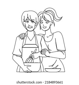 Mother Daughter Kitchen Vector. Family Happy Mom, Old Woman, Home Food, Girl Cook Together Mother Daughter Kitchen Character. People Black Line Pencil Drawing Vector Illustration