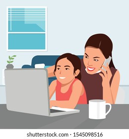 Mother and daughter at the laptop - cartoon people characters illustration on white background. Young parent helping her kid to do homework, learn computer science, sitting at the desk. Family concept