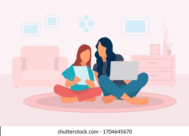 Madre e hija con un portátil y una tableta digital en la mano sentados en el suelo en la casa en el salón. La madre le enseña el concepto a su hija. Ilustración vectorial de diseño plano