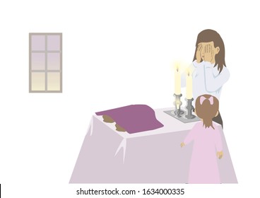 Mother and daughter light candles Saturday. At a table with a white tablecloth. And on it are 2 breads covered with a map. Pastel colored vector illustration on a white background. 