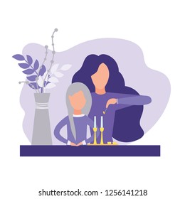 Mother and daughter lighting candles for Shabbat. Isolated on white background. Vector illustration. Modern flat style.