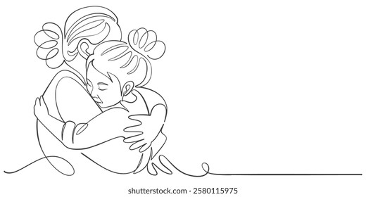 Mother and daughter line art style vector illustration