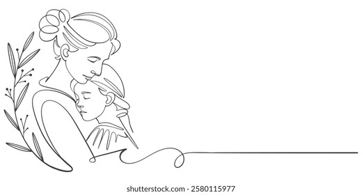 Mother and daughter line art style vector illustration