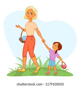 Mother and daughter, little girl walking with her mom, holding hands and talking, cartoon vector illustration isolated on white background. Cartoon girl walking with her mother to picnic. Summer, sky