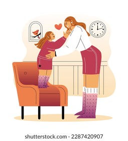 Mother and daughter. Little happy girl reaches out to mom and hugs her. Smiling woman shows love, tenderness and care for her child. Motherhood and parenting. Cartoon flat vector illustration