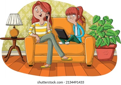 Mother and daughter in the living room with computer and cellphone.
