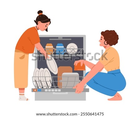 Mother and daughter loading dishwasher flat vector illustration isolated on white. Family doing house chores together.