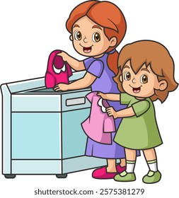 Mother and daughter loading dresses in washing machine of illustration