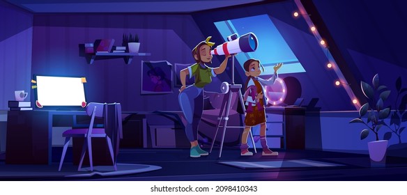 Mother and daughter look in telescope from attic room, young girl with mom explore moon and stars on dark night sky. Astronomy science learning, space exploration hobby, Cartoon vector illustration
