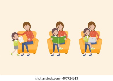 Mother And Daughter Looking At The Paper, Reading  Book, And Holding Tablet Computer On The Sofa