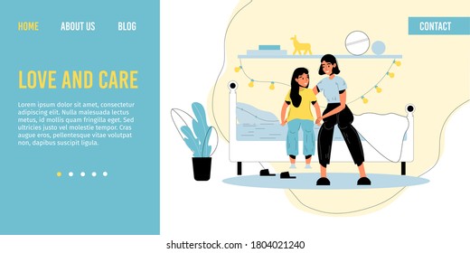 Mother daughter loving relationship. Mom embracing adorable girl child. Woman parent kid having nice conversation before bedtime sitting on bed in cozy bedroom. Happy family. Landing page