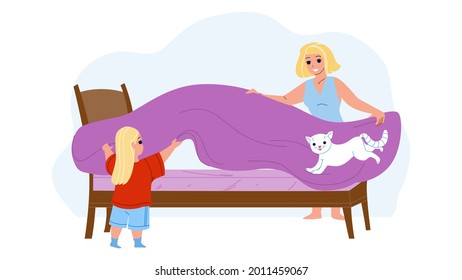 Mother And Daughter Make Bed With Bedsheet Vector. Woman And Girl Covering Bed With Coverlet In Bedroom Together. Characters Housekeeping And Morning Routine Flat Cartoon Illustration