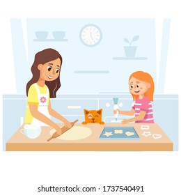 Mother and daughter make cookies together on the kitchen. Home illustration