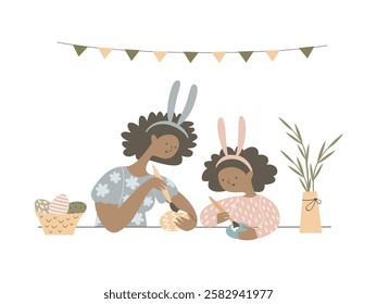 Mother and daughter make decorations for Easter. Cute vector hand drawn illustration.